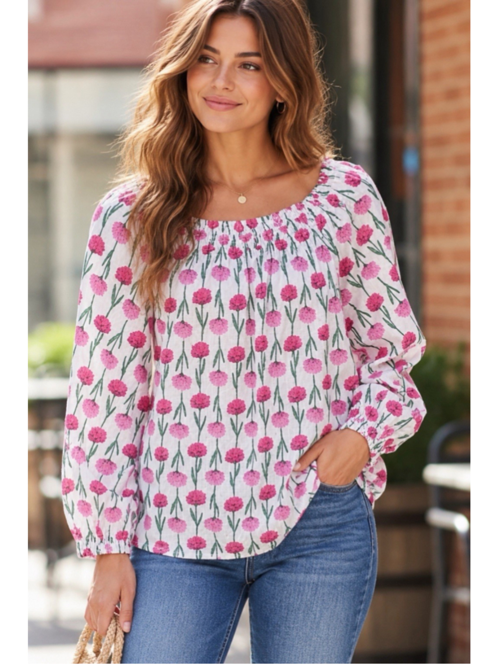 J.Crew Womens L Floral Smocked Puff Sleeve Top Cottagecore Romantic Garden Party